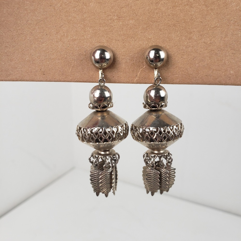 Vintage Silver Tone Filigree Lantern Leaf Tassel Screw Back Statement Earrings